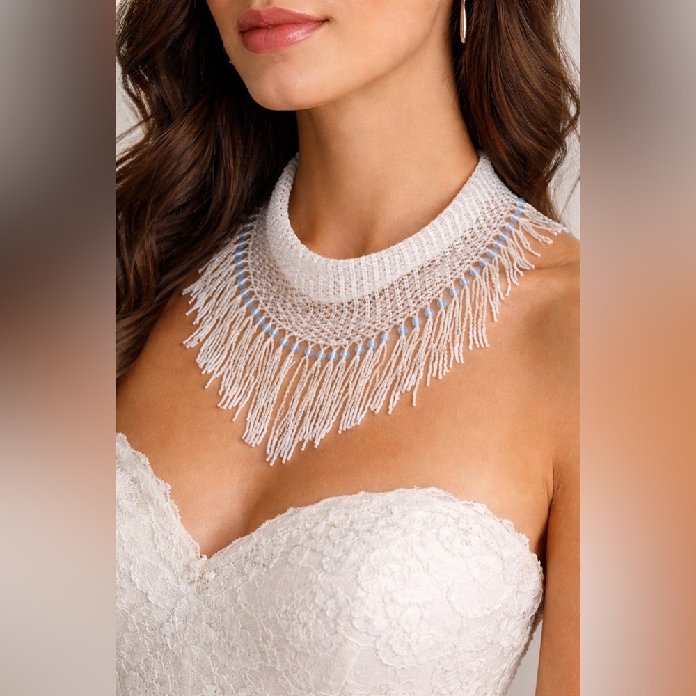 Handmade Bridal White Seed Bead Scarf Necklace | Fringe Beaded Choker Collar
